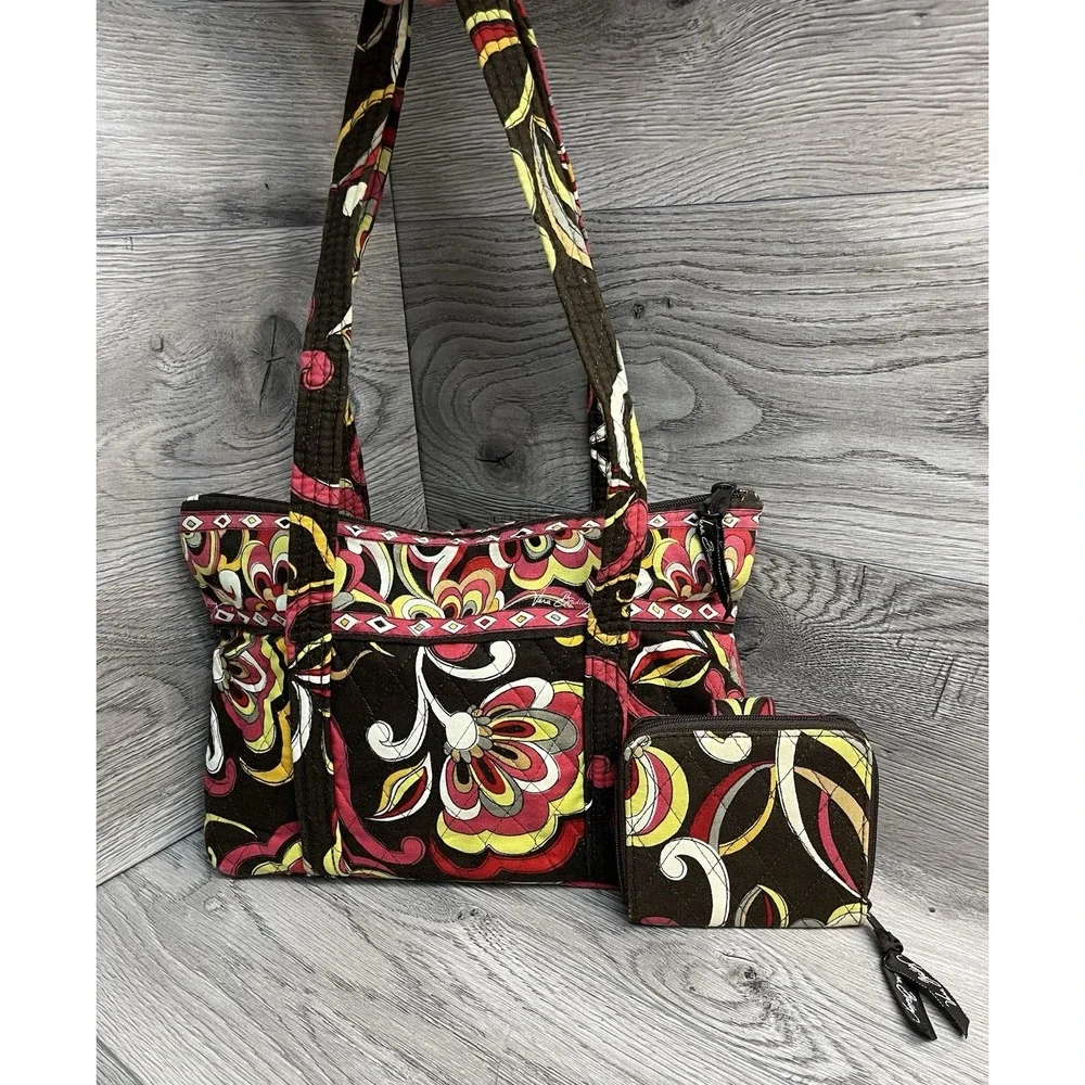 Brown Floral Shoulder Bag With Zip Closure And Matching Wallet By Vera Bradley